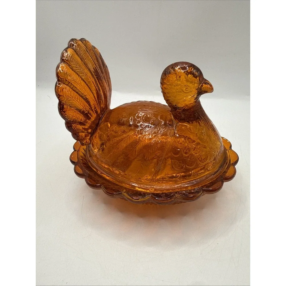 Vtg Indiana ND‎ Amber Orange Glass Small Turkey On A Nest Candy Dish 4.5